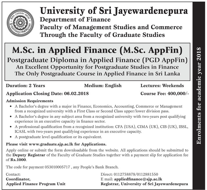 M.Sc. in Applied Finance (M.Sc. AppFin), Postgraduate Diploma in Applied Finance (PGD AppFin) - Faculty of Management Studies & Commerce - University of Sri Jayewardenepura